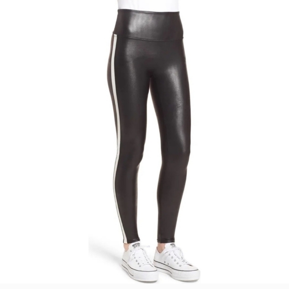 Spanx Faux Leather Stripe Black Leggings Contoured Power Waistband Size Small - Picture 2 of 13